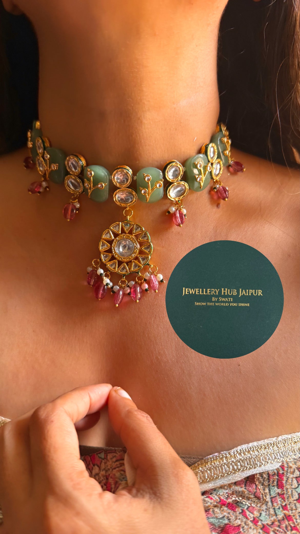 Mint inlay work & emerald meenakari paachi with rani pink drops choker set