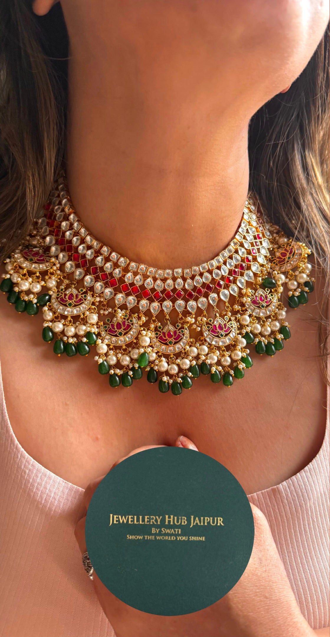 Lotus inspired emerald & Rani pink handmade Paachi Kundan jadau collar necklace