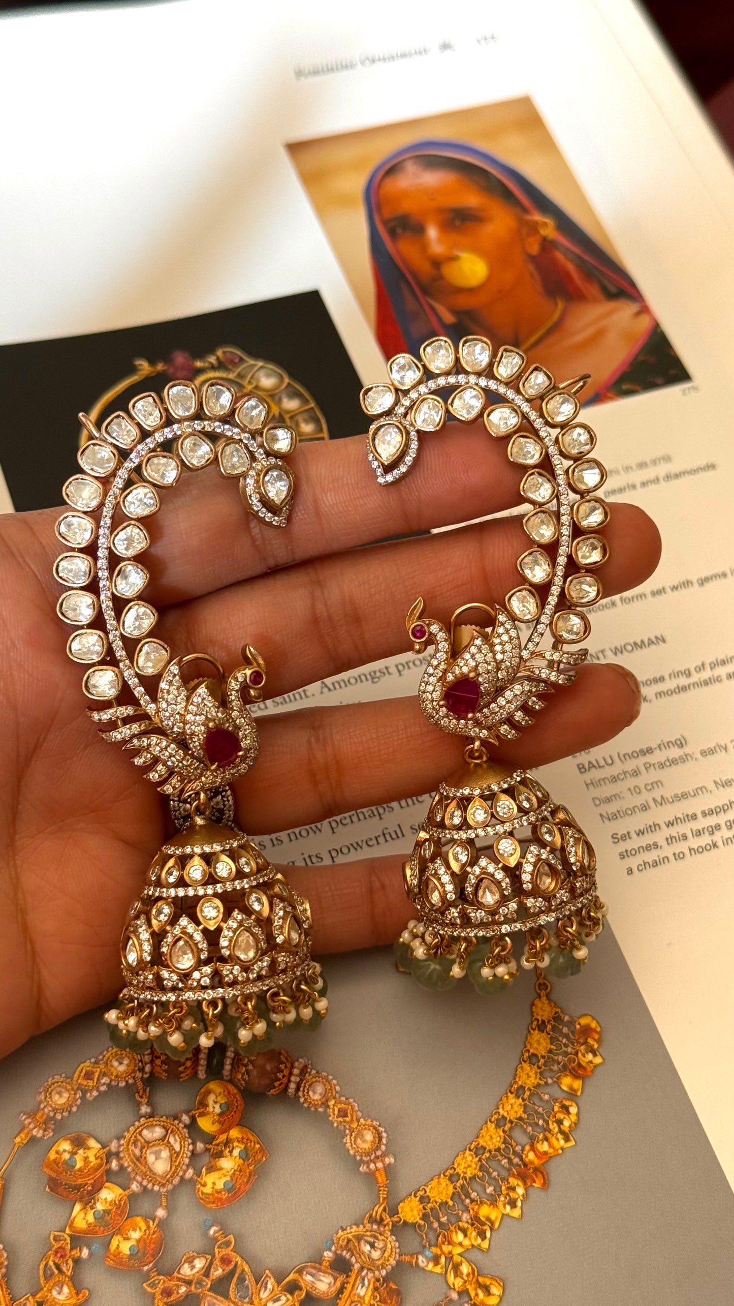 Peacock inspired moissanite  earcuff with Jhumki detailing