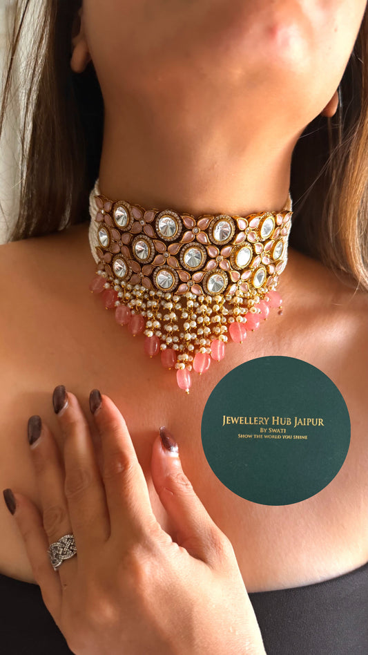 Rose quartz moissanite uncut thread choker set