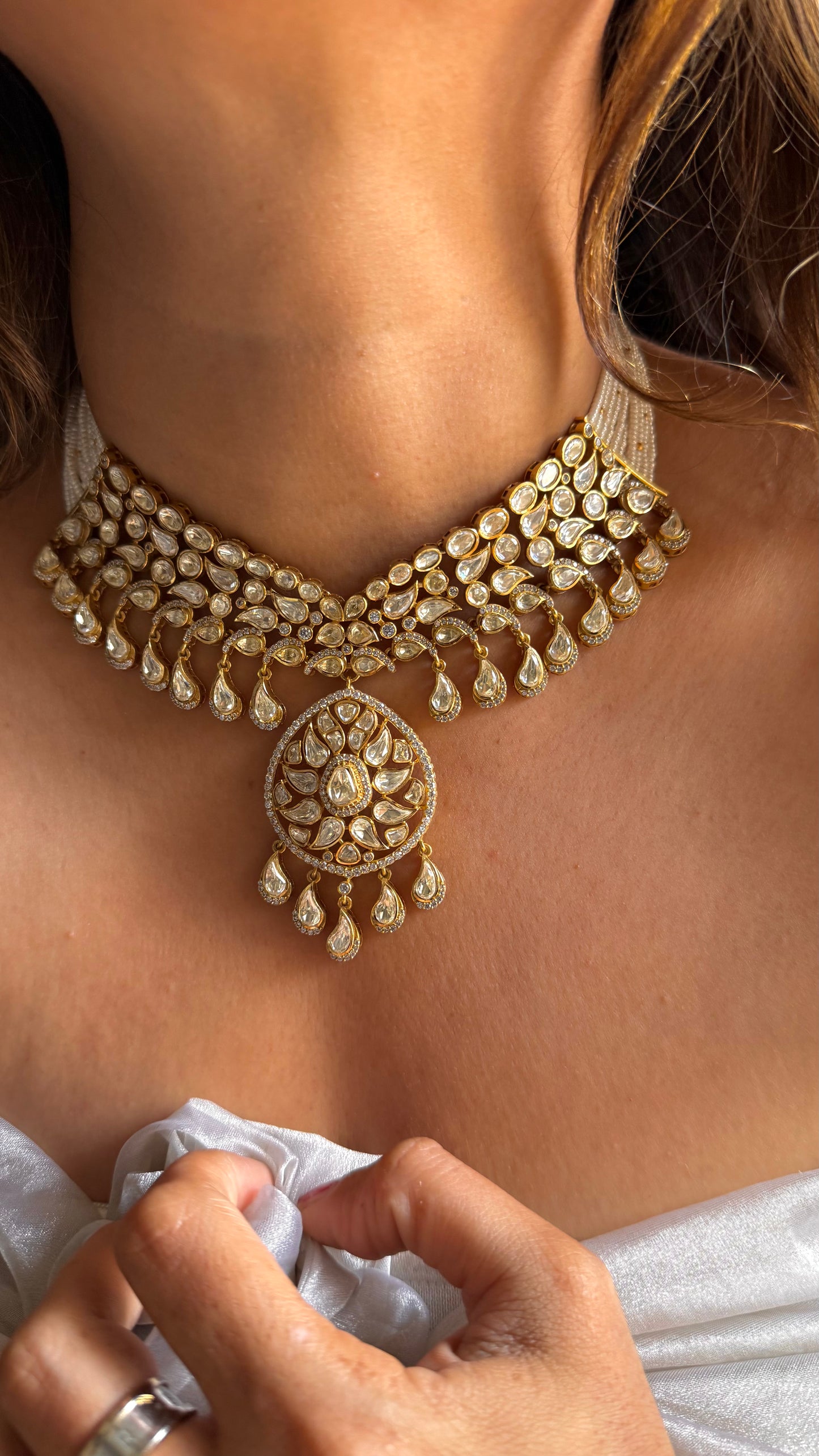 Pearl string real moissanite lv polki necklace