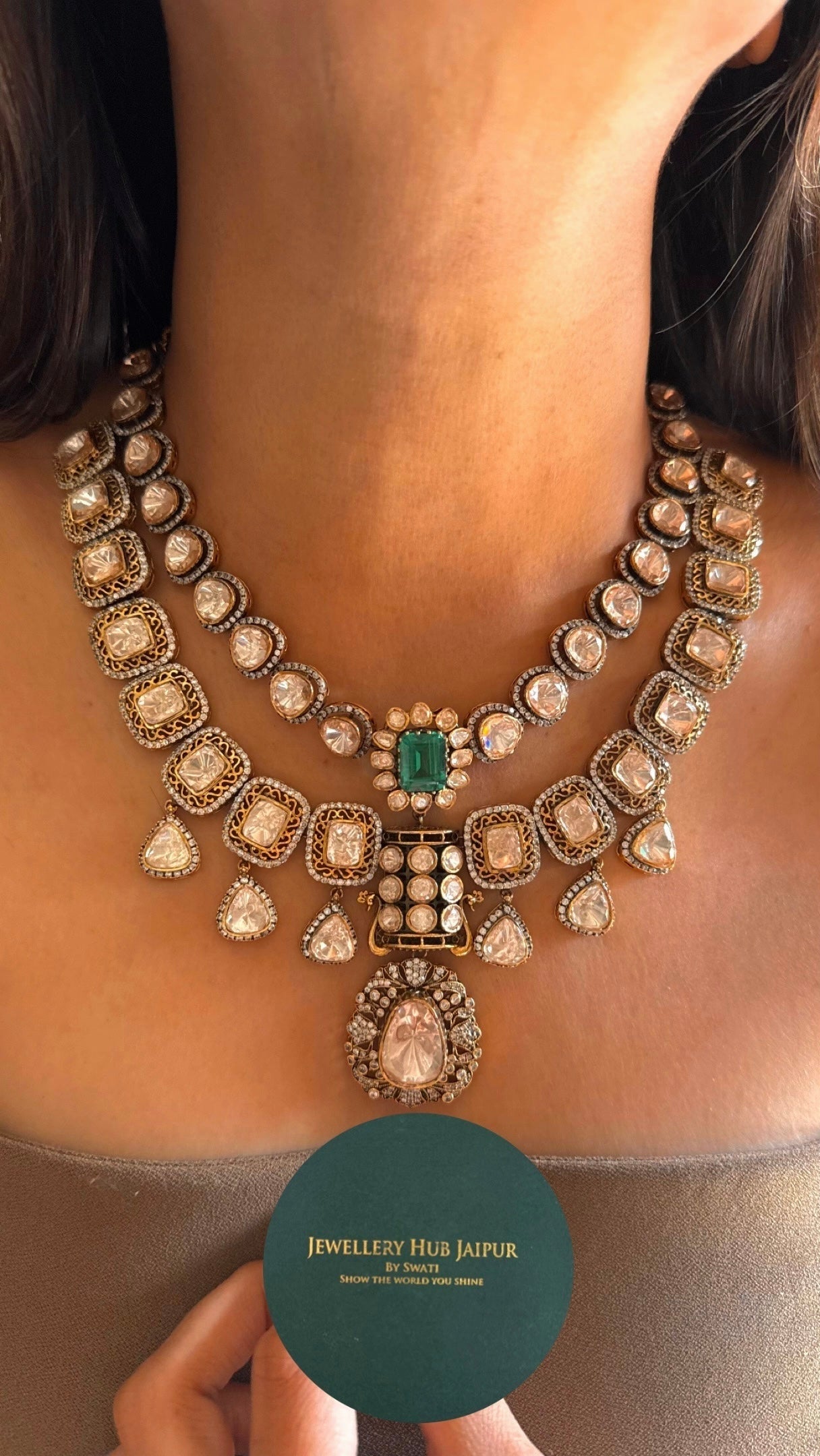 Rani pink ruby & emerald doublets uncut peeli polki combo necklace