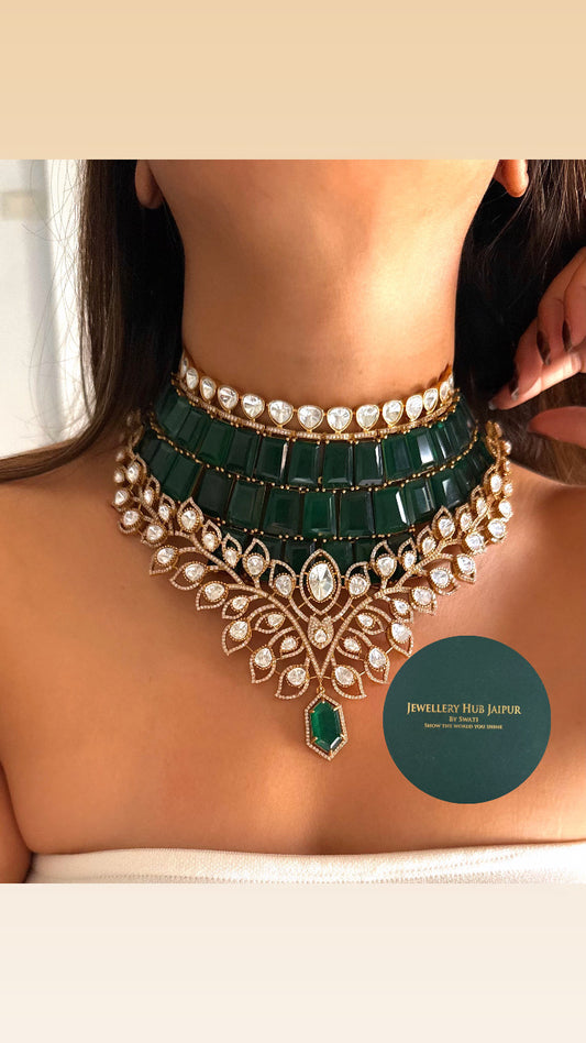 Emerald doublet Moissanite Polki leaves designer choker