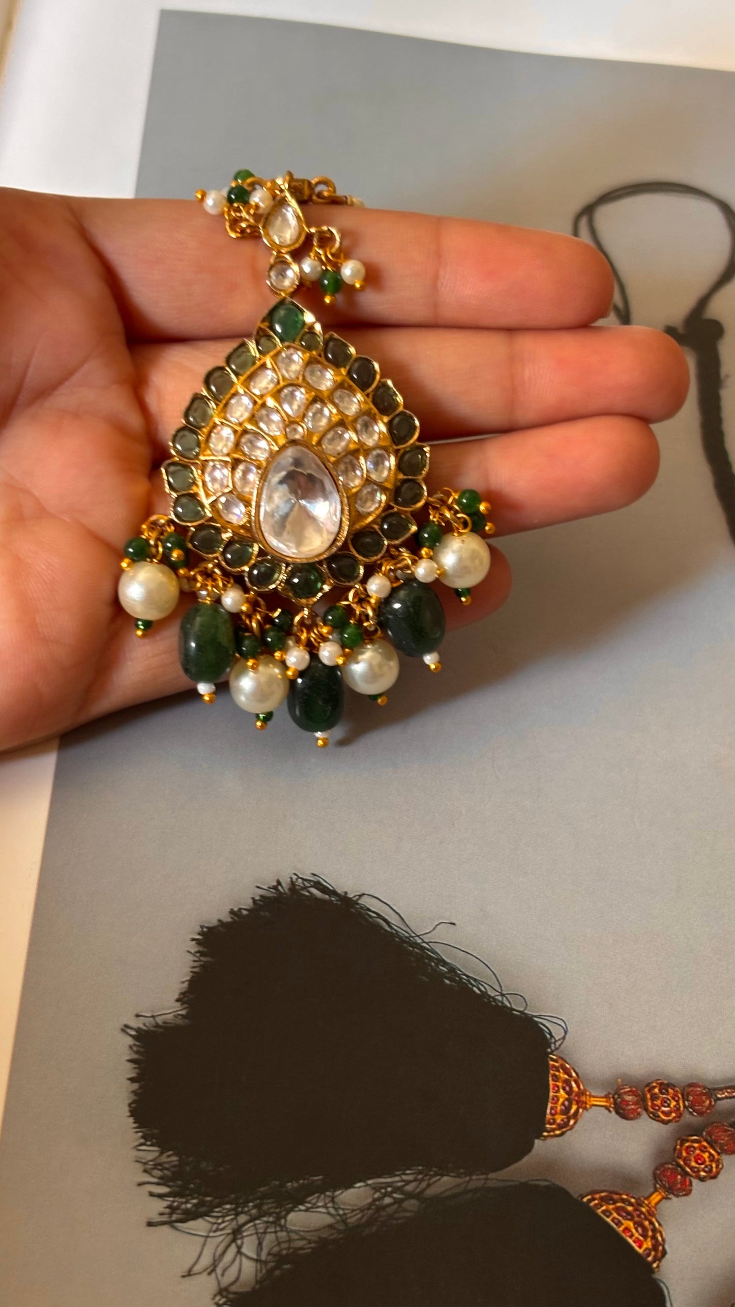 Moissanite Meenakari emerald maangtika