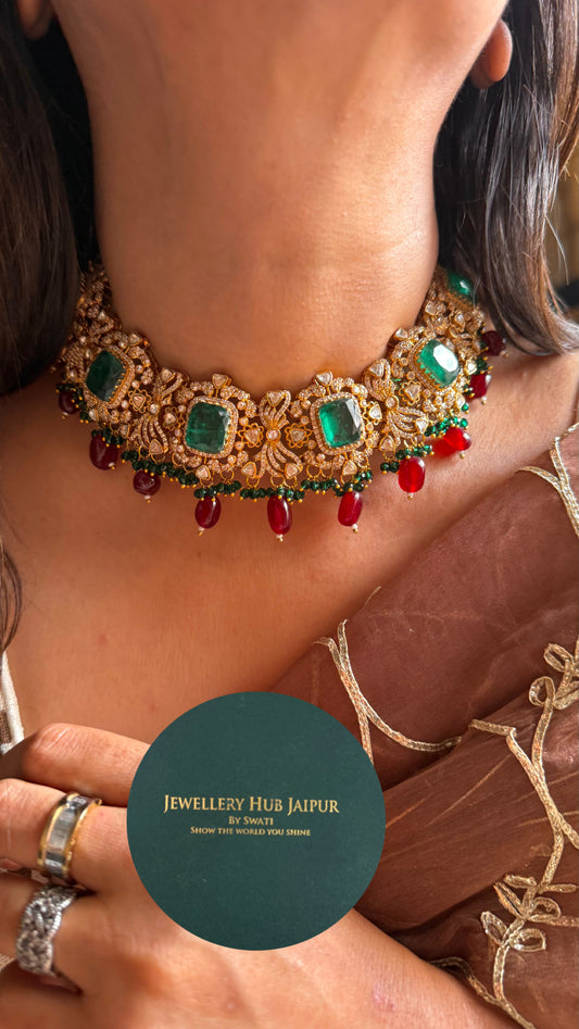 Emerald with moissanite ruby drops necklace