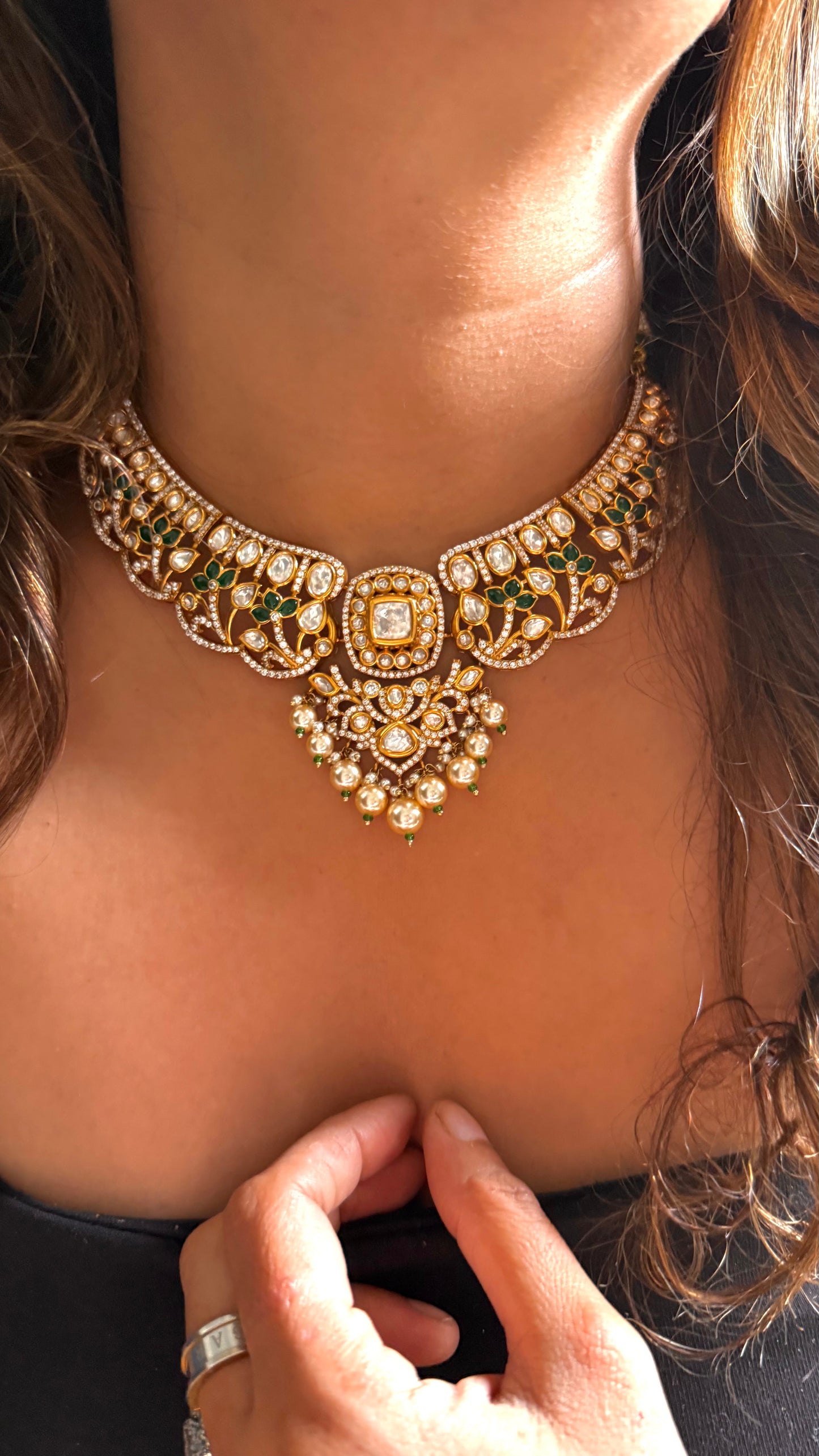 Emerald Moissanite Polki Necklace ( dual Polish)