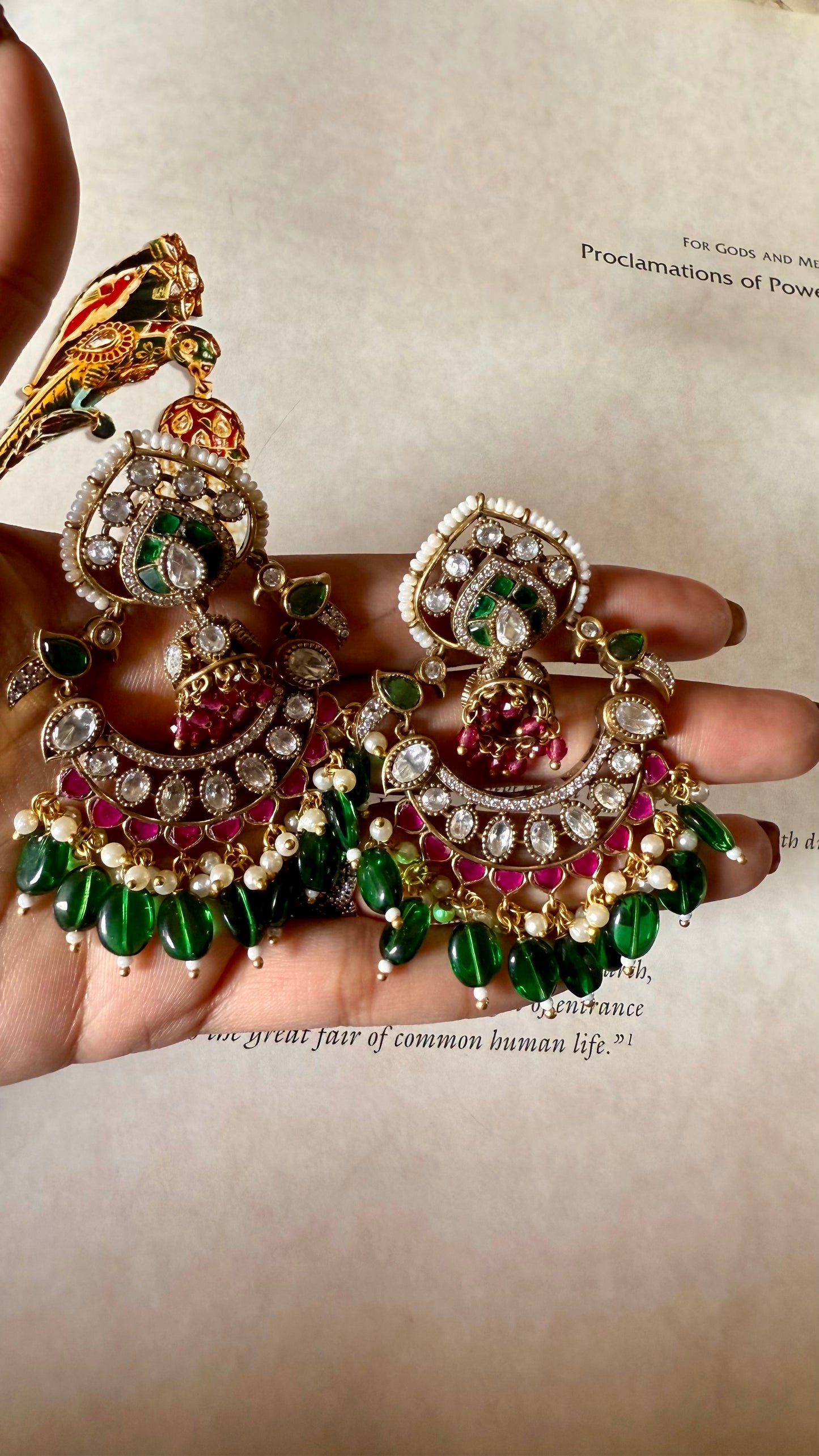 Rani pink & emerald moissanite polki chandbali