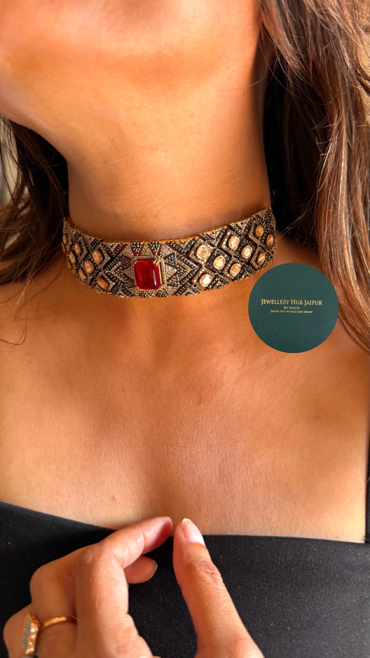 ruby & sapphire peeli polki designer necklace
