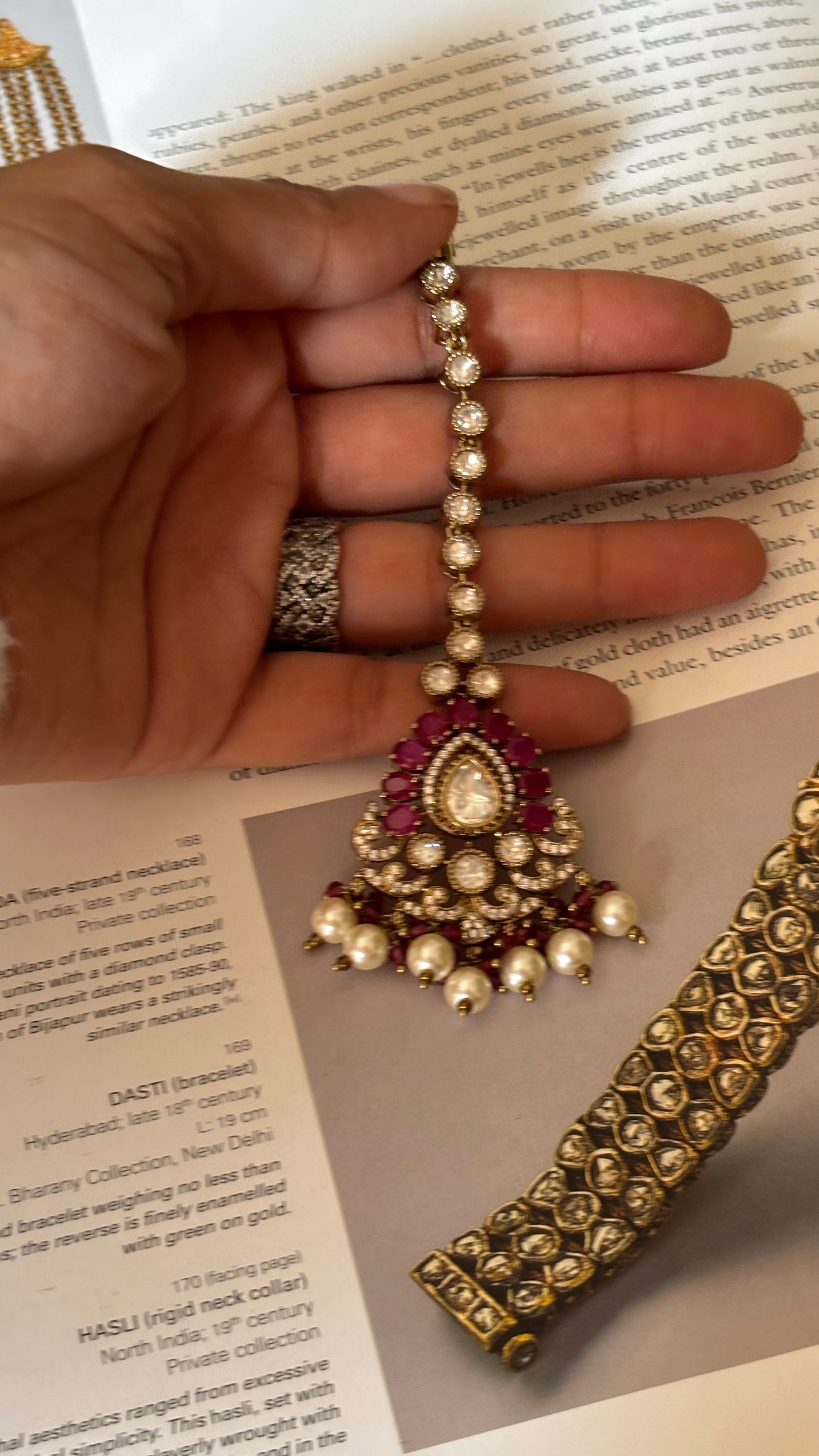 Ruby victoran maangtika with pearl detailing