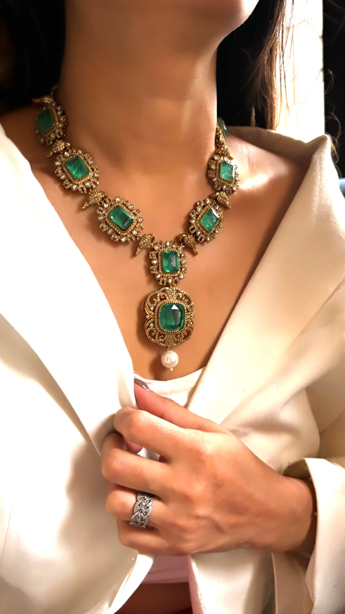 Emerald mint victorian Moissanite necklace