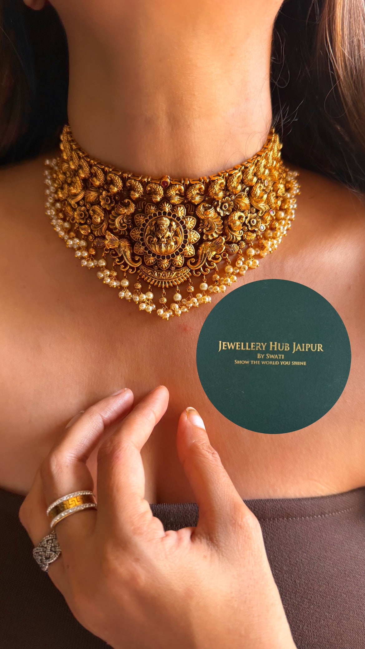 Goddess laxmi & ruby with pearl drops temple choker set