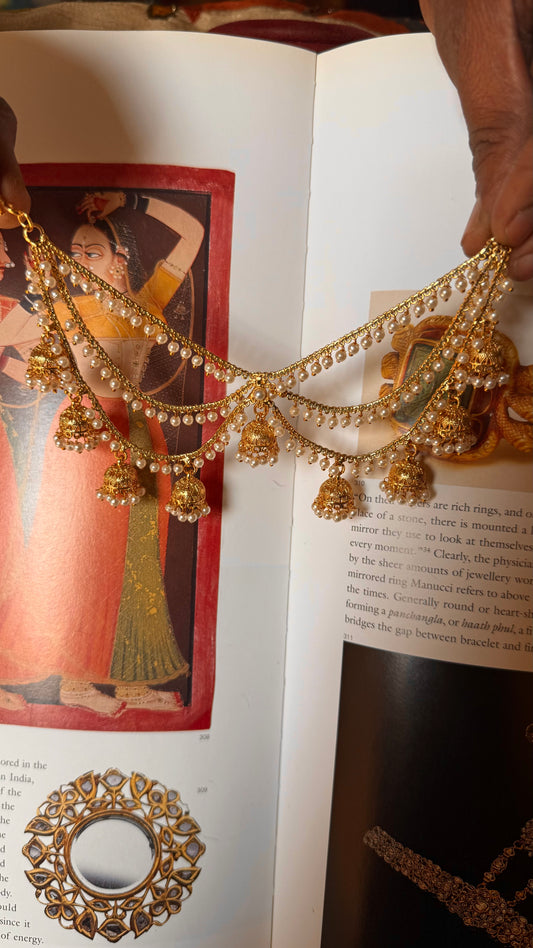 pearl and gold middle joint triple line ear chain with jhumki detaining