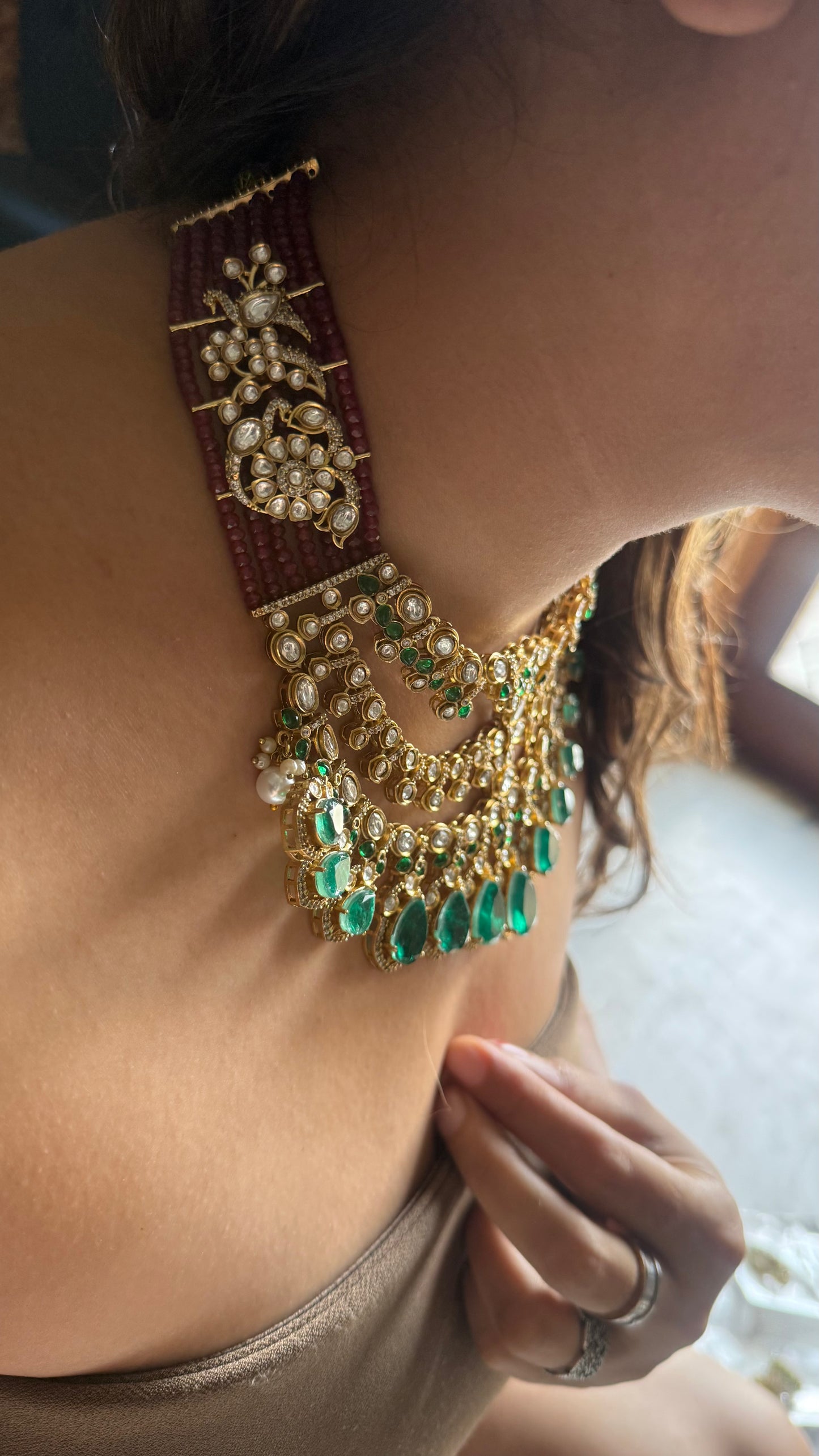 Emerald doublet & ruby polki work necklace