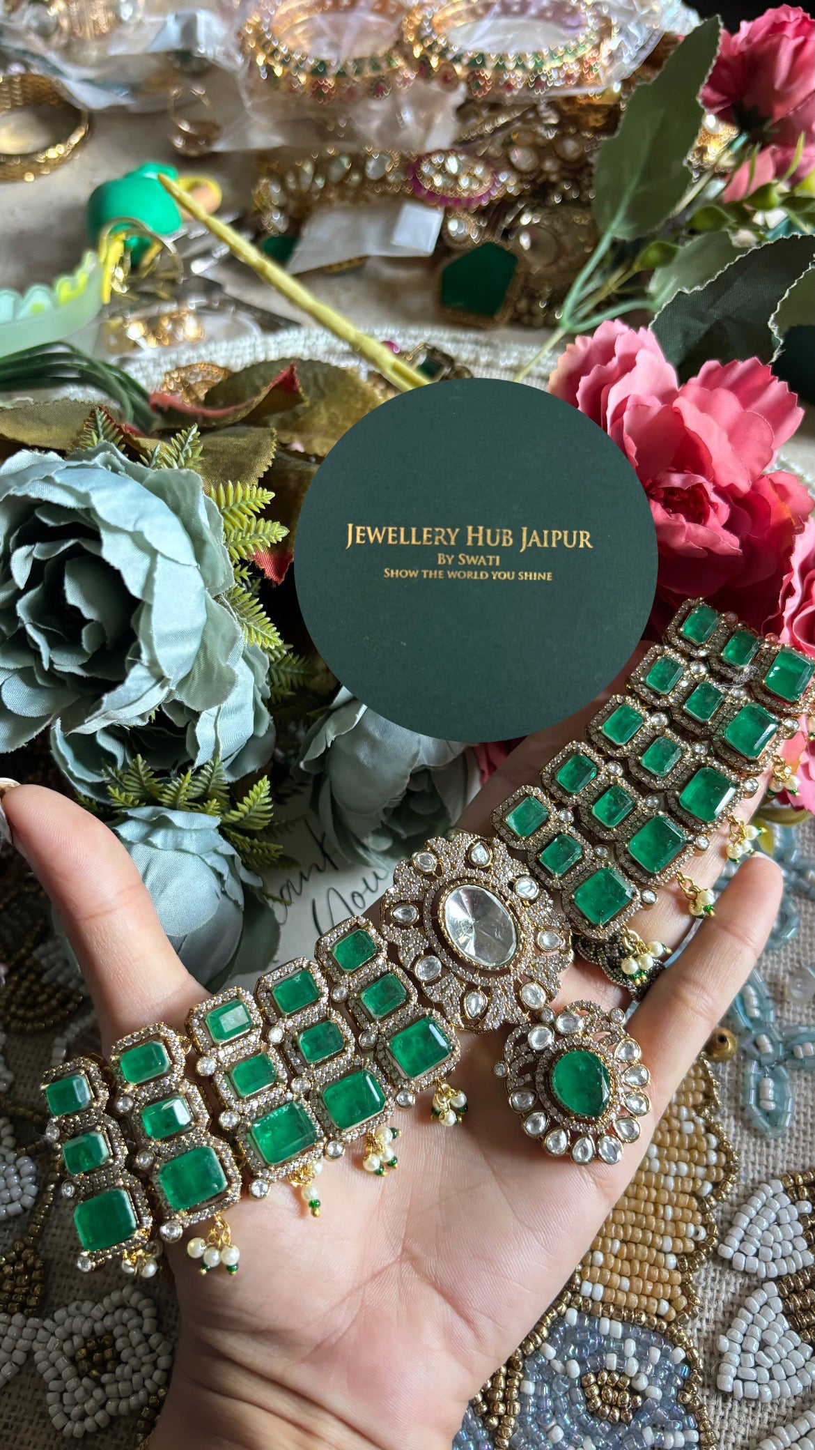 Emerald doublet moissanite  choker set