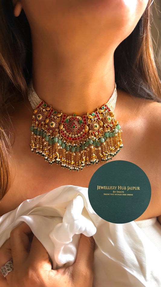 Handmade Heritage Polki Rani pink & emerald heritage rajwada with mint drop choker set