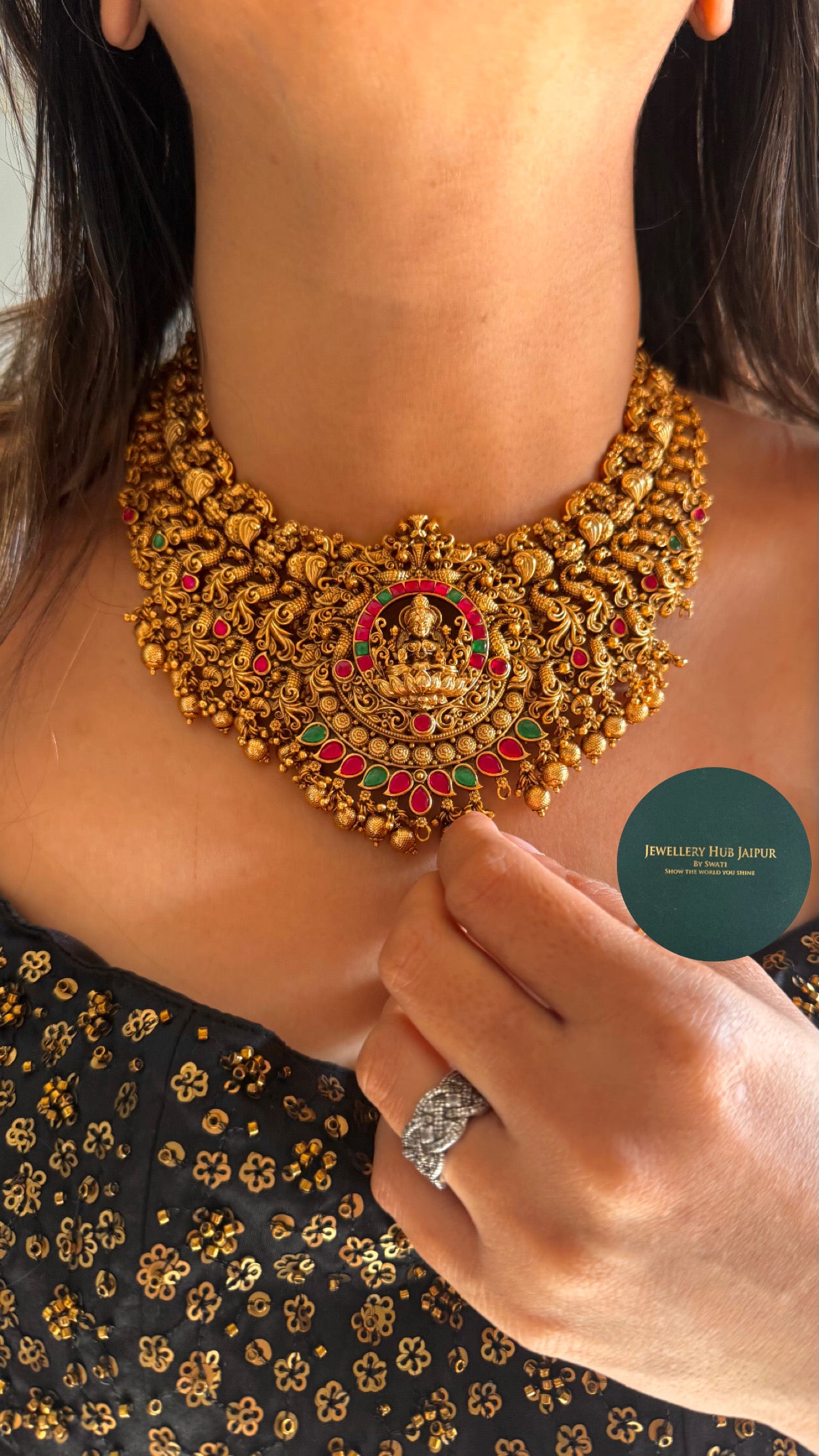 Goddess Laxmi Rani pink ruby temple paachi kundan necklace set