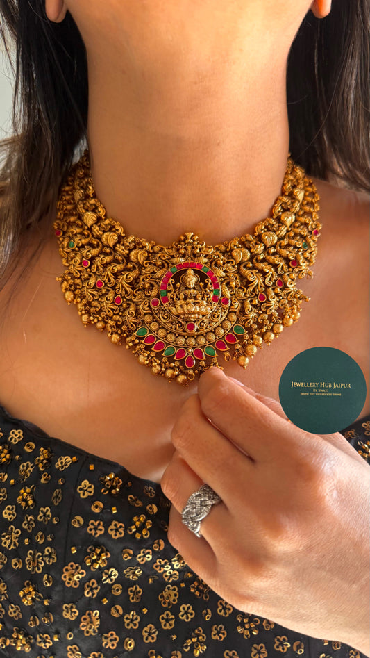 Goddess Laxmi Rani pink ruby temple paachi kundan necklace set