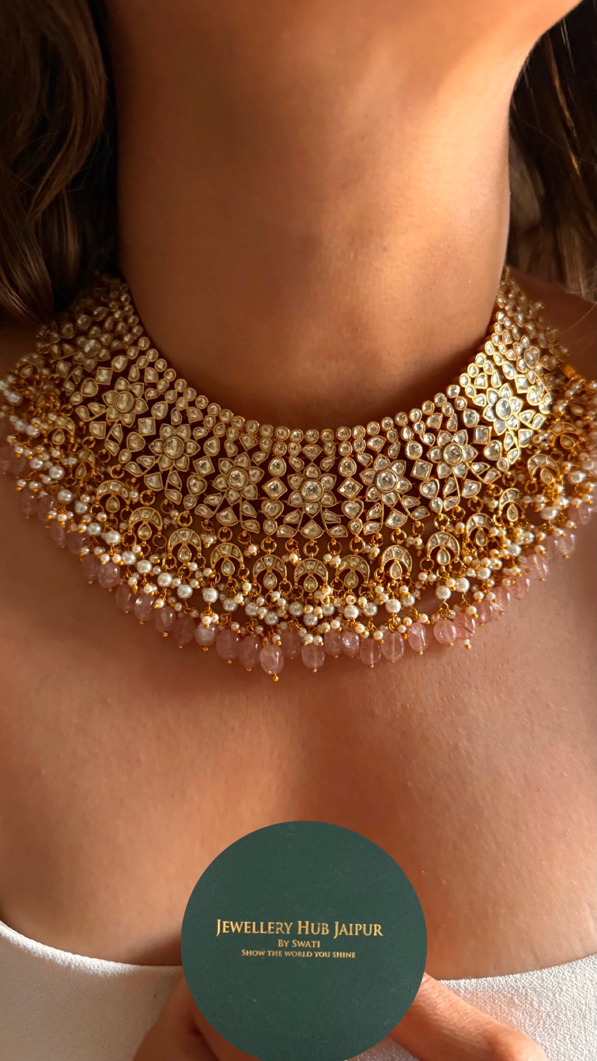 Pachi kundan with rose quartz strawberry detailing Necklace