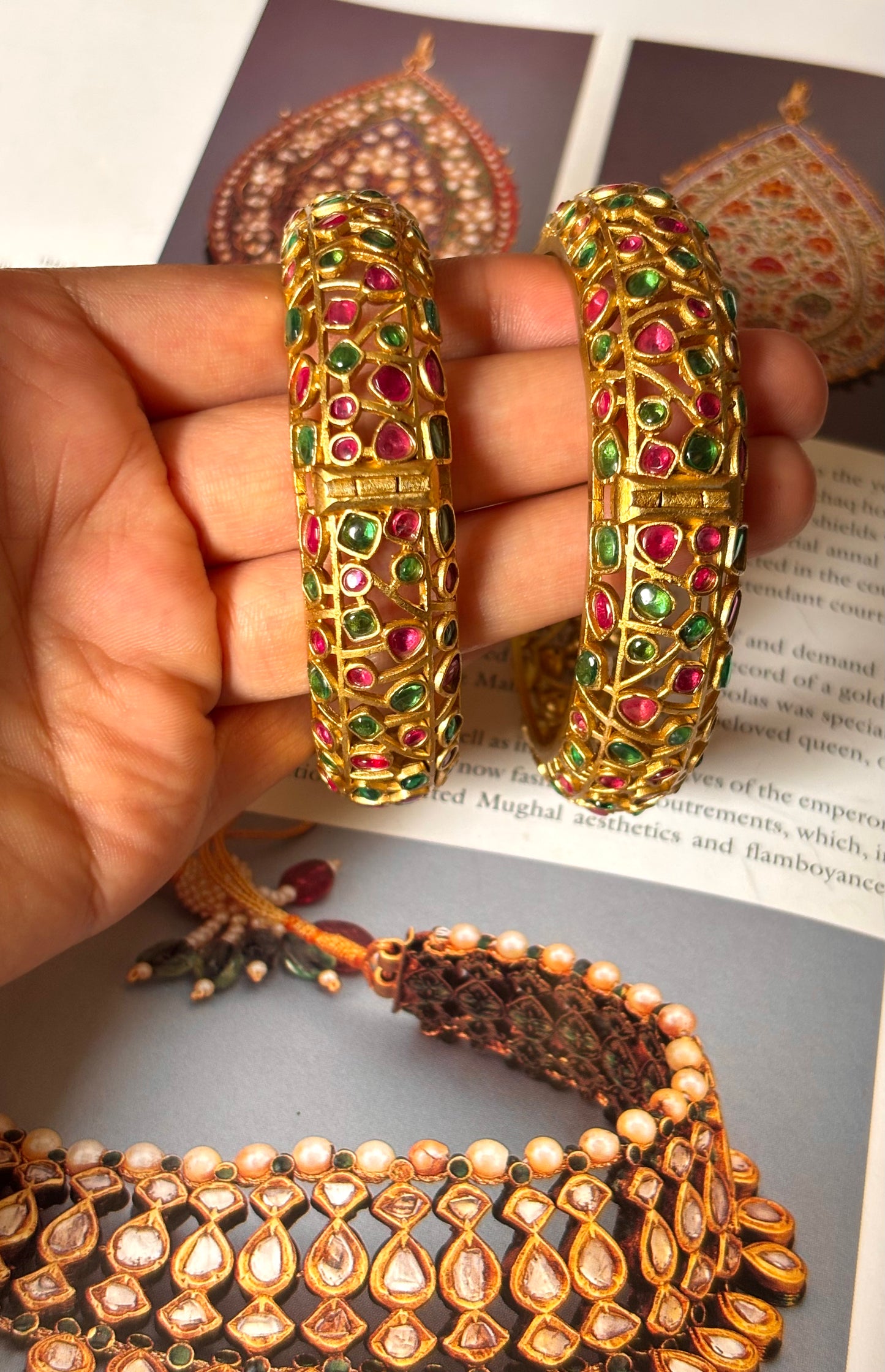 Designer emerald & rani pink gold openable bangle