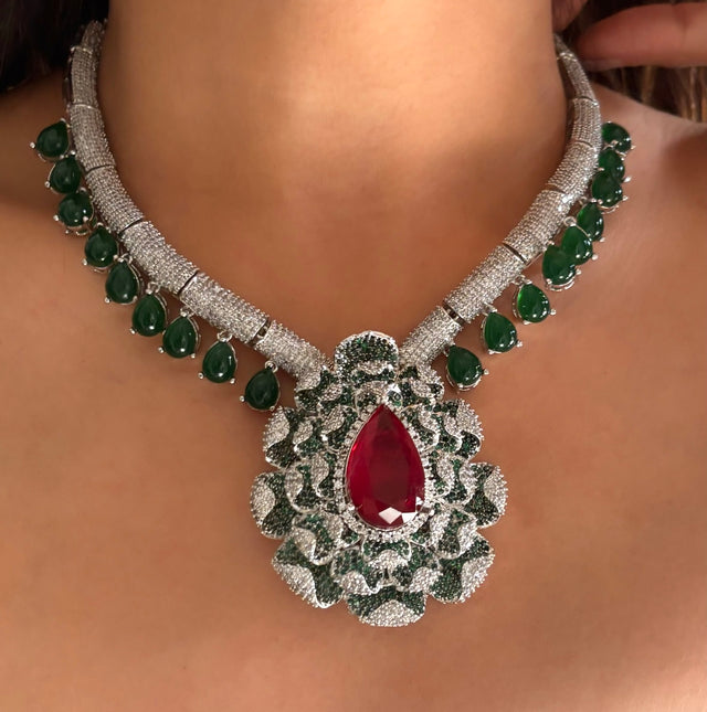 Cocktail Ruby & Cz Bridal Asia Necklace set with earrings