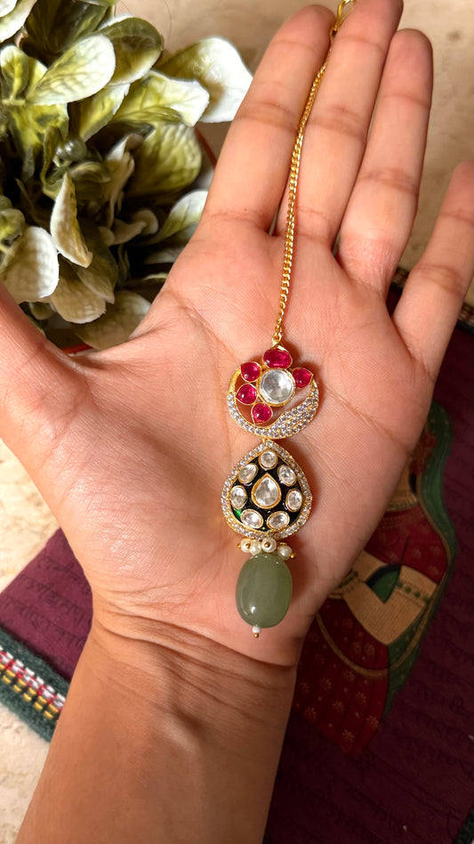 Emerald meenakari & floral mint drop maangtika