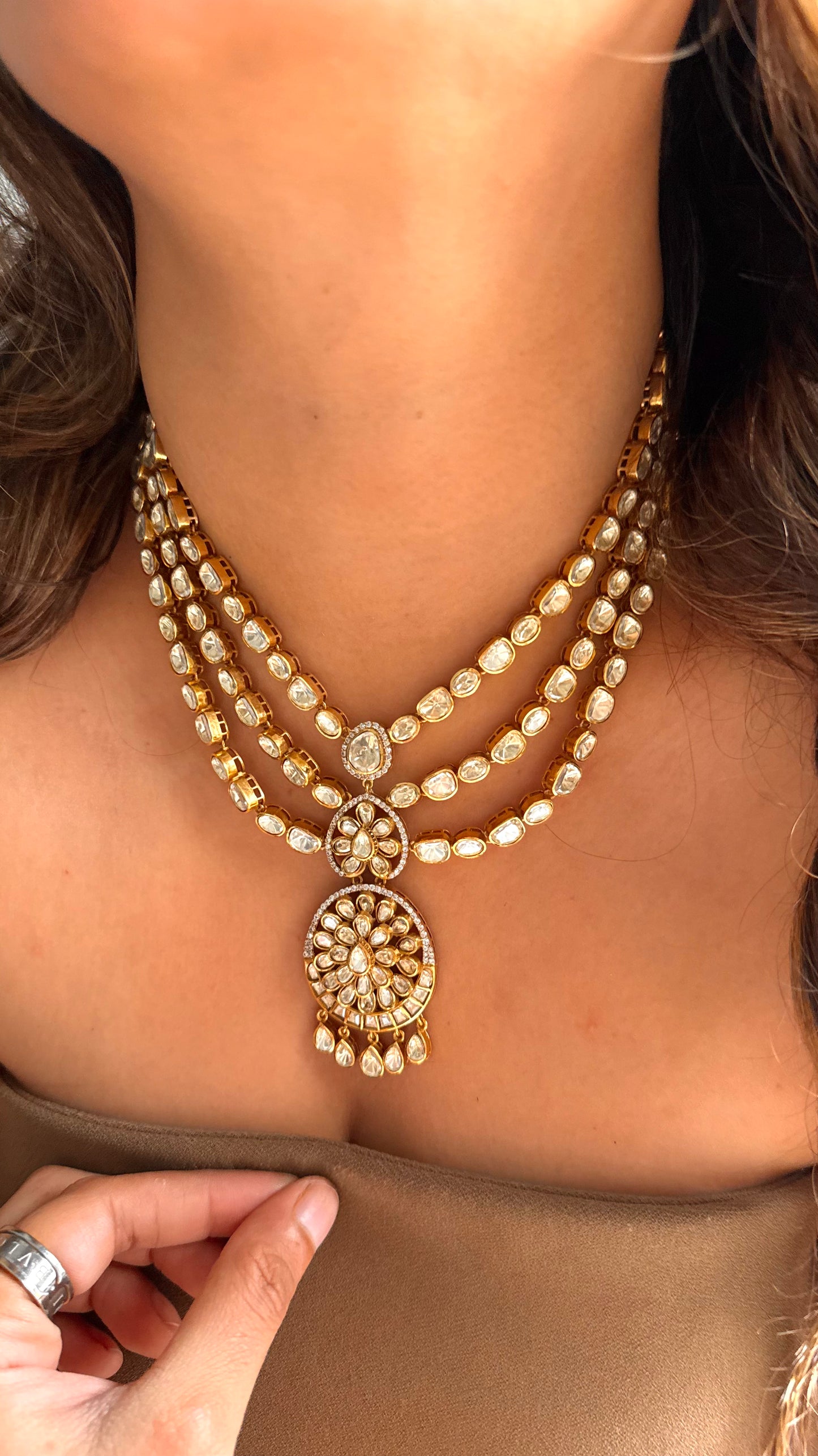 Peeli polki triple line designer necklace