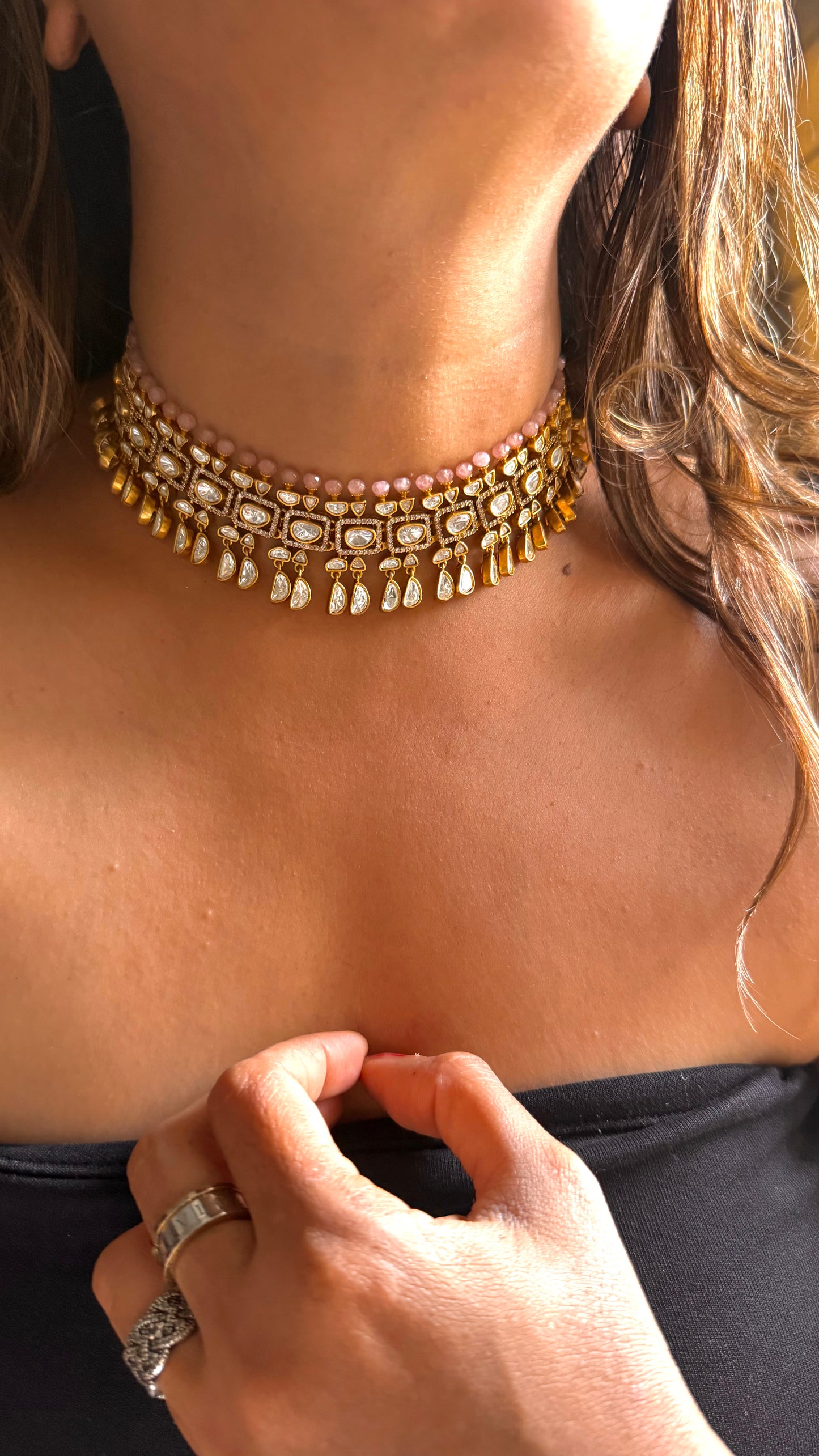 Rose quarts polki necklace