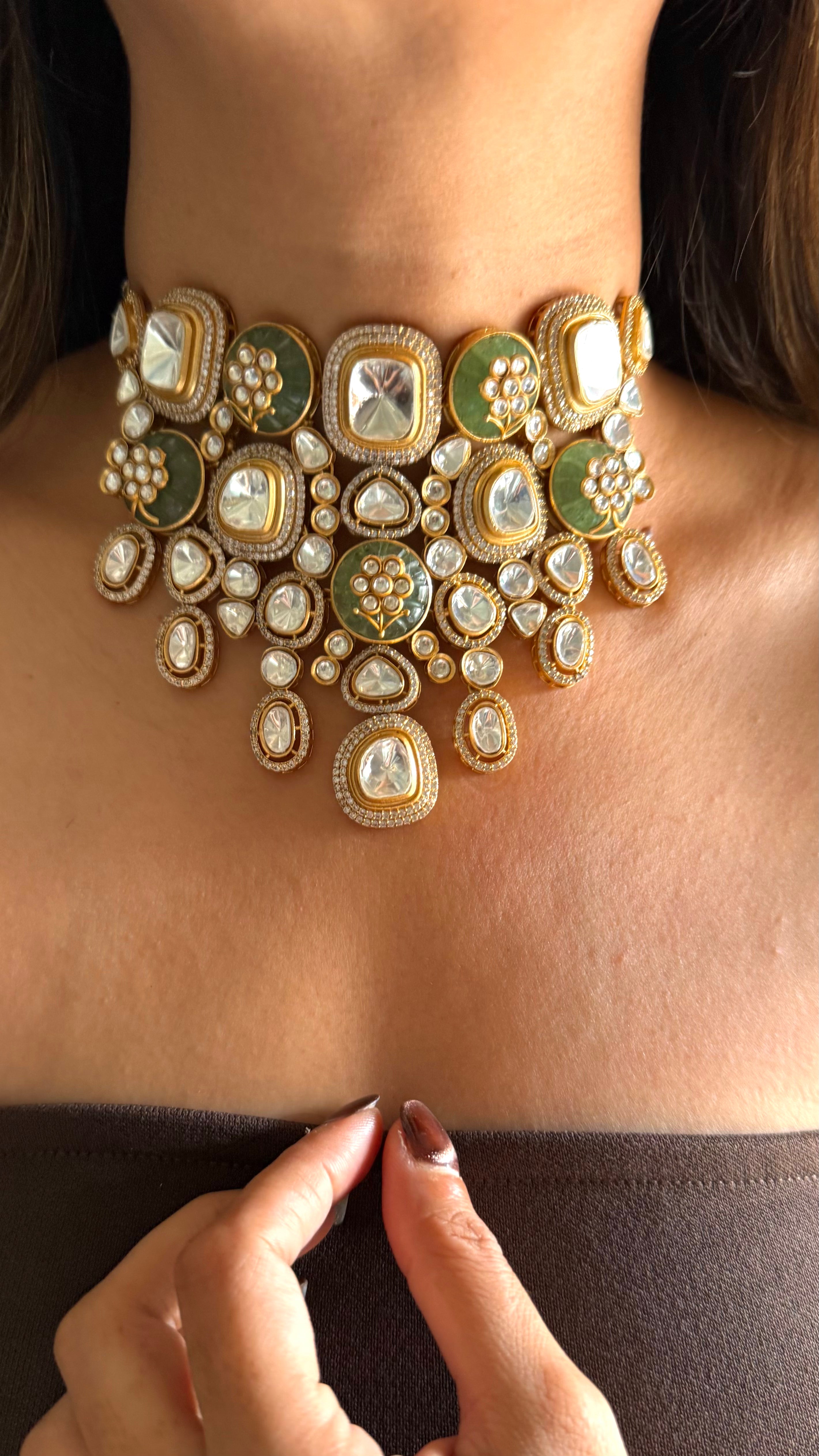 Mint doublet & Moissanite polki choker