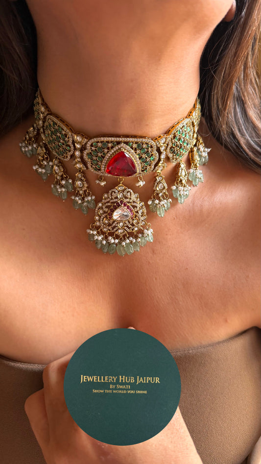 Ruby emerald takkar work bridal necklace