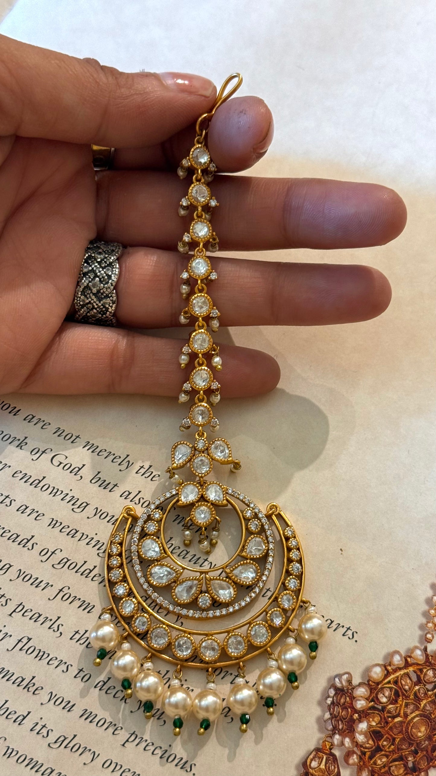 Polki chandbali maangtika with pearl detailing