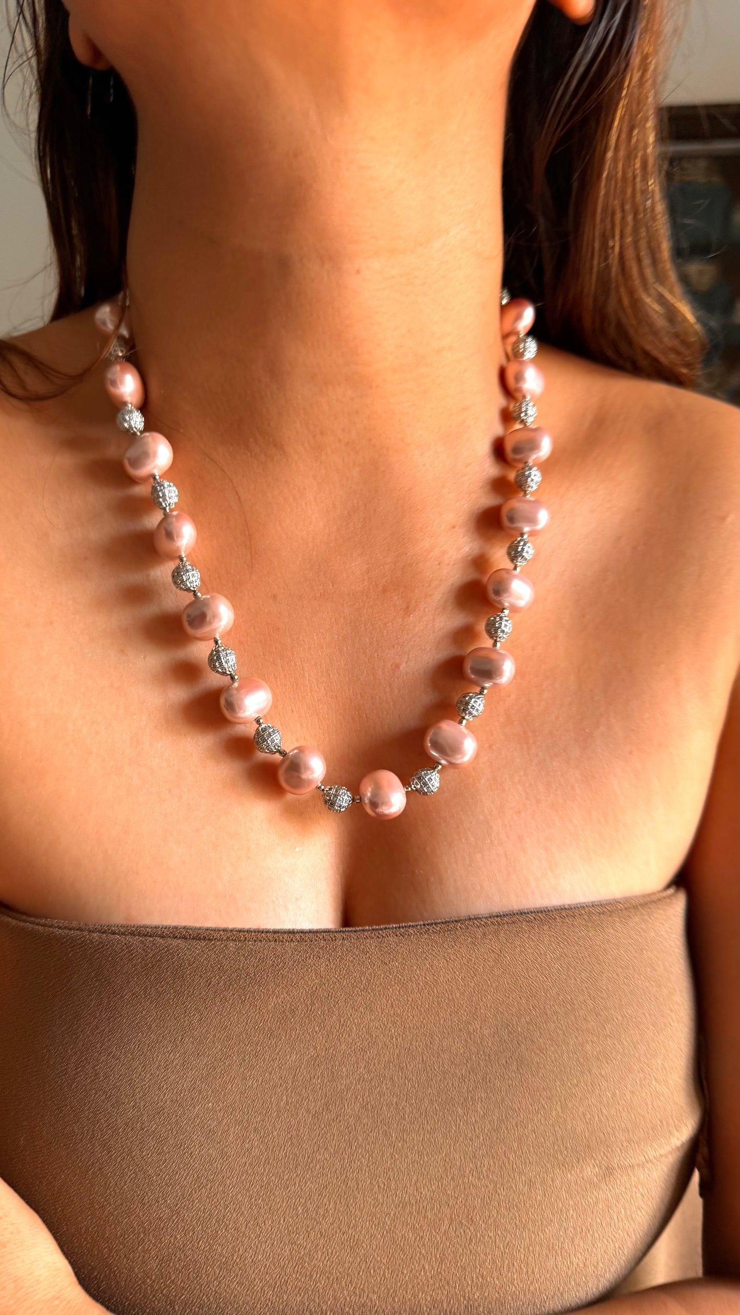 Blush pink zirconium rhodium ball string set