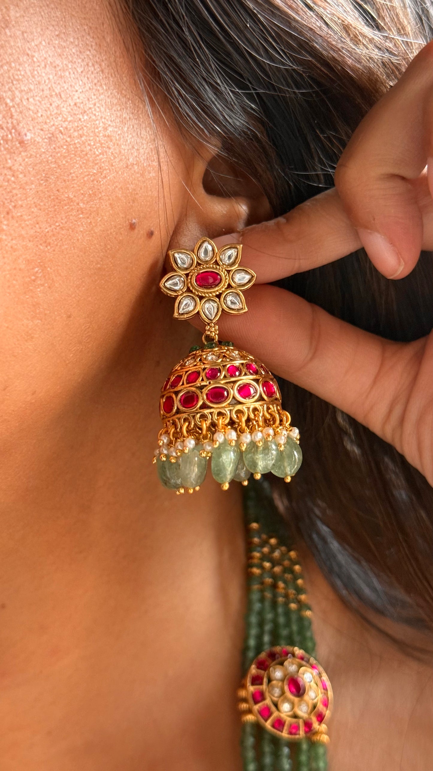 Real kemp paachi kundan long temple necklace