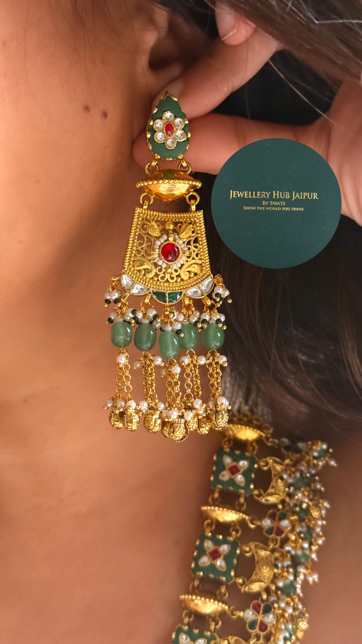 Handmade Heritage Polki Mint inlay work & rani pink with mint drops rajwada heritage mid length set