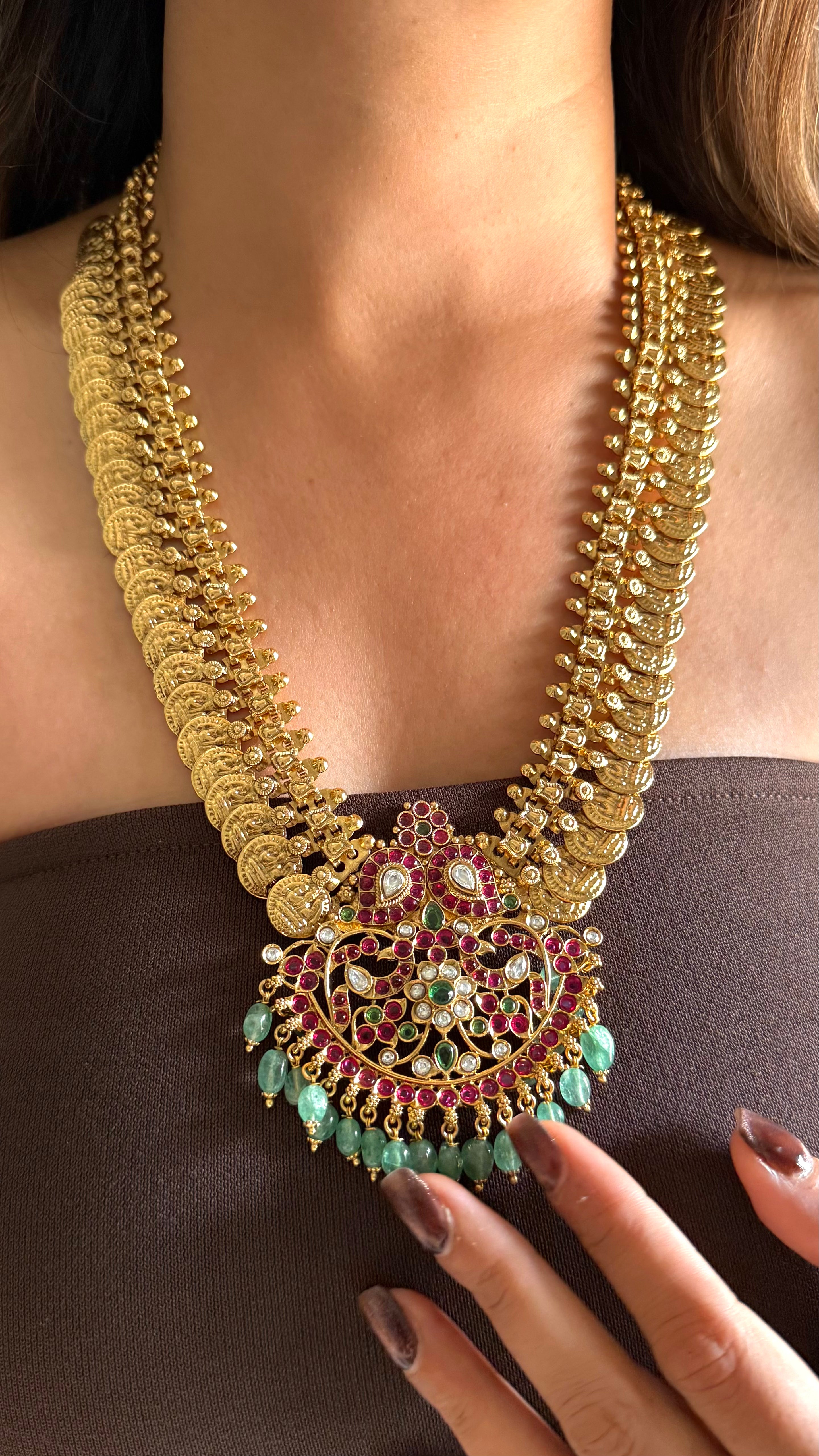 Rani pink & mint coin designed temple set