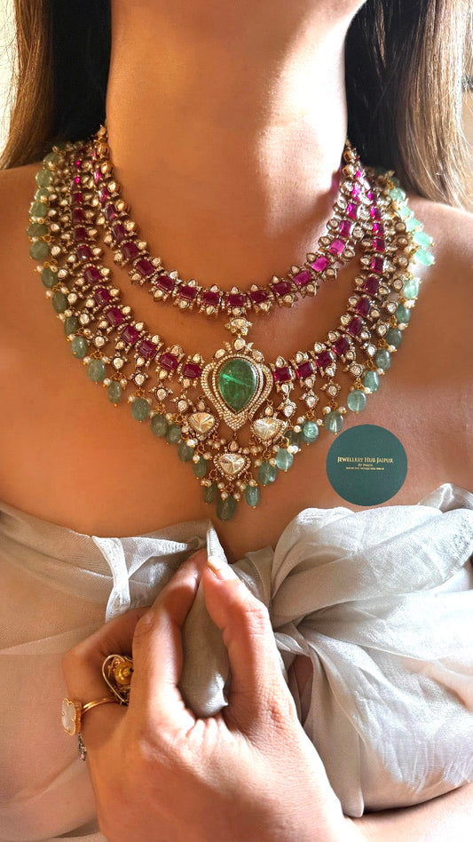 Emerald doublet and Rani pink double layer collar set