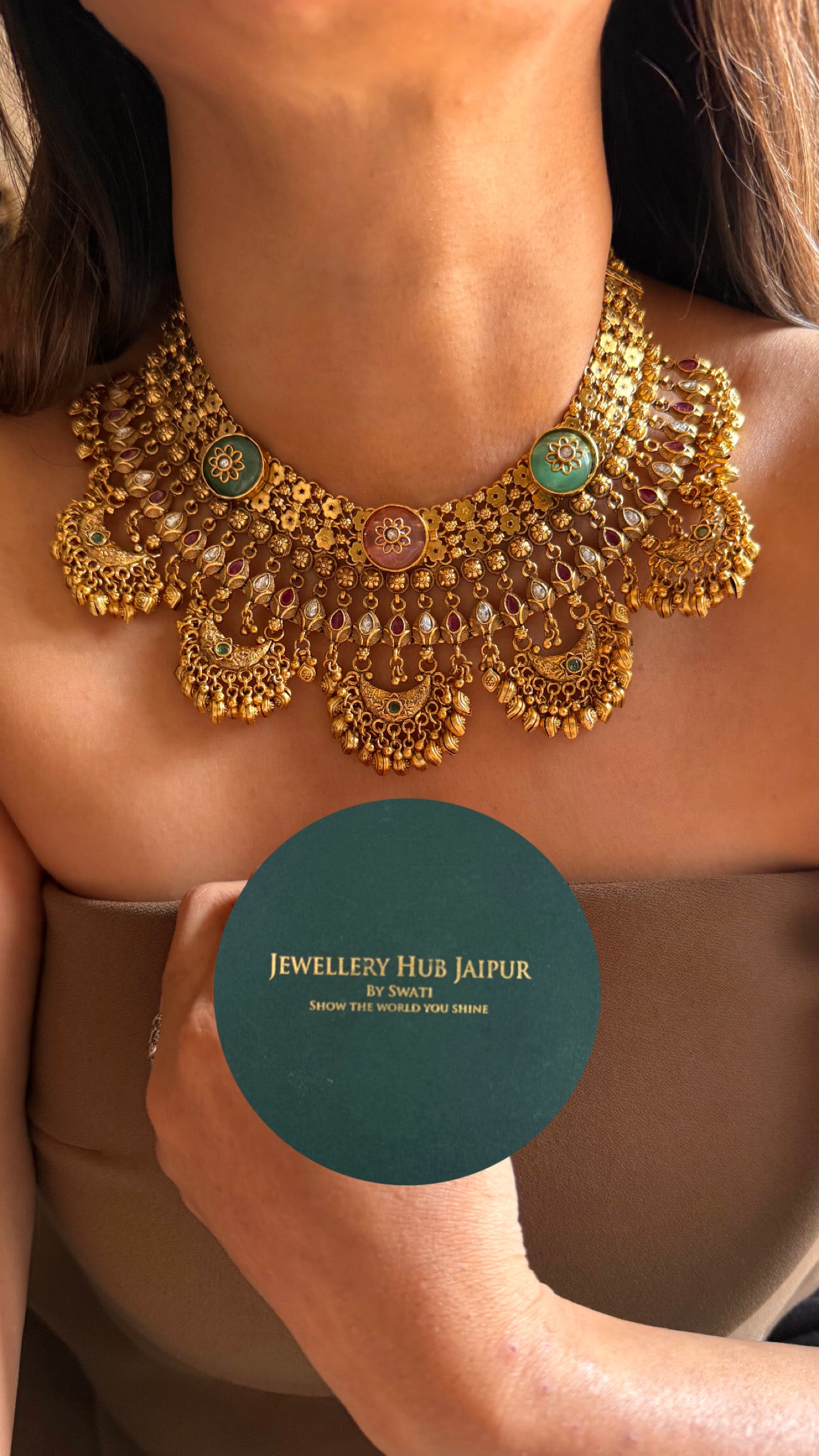 Rose quartz & mint with golden drops Rajwada Necklace