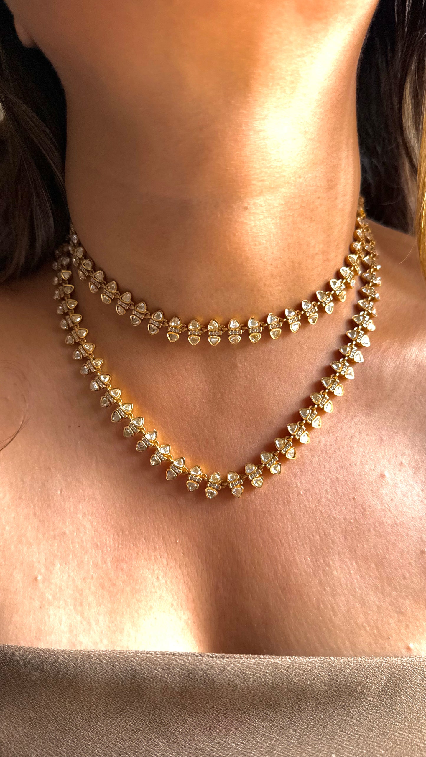 Real moissanite LV shade Polki dual line necklace set