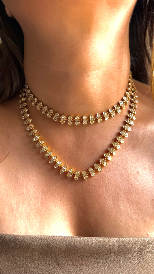Real moissanite LV shade Polki dual line necklace set