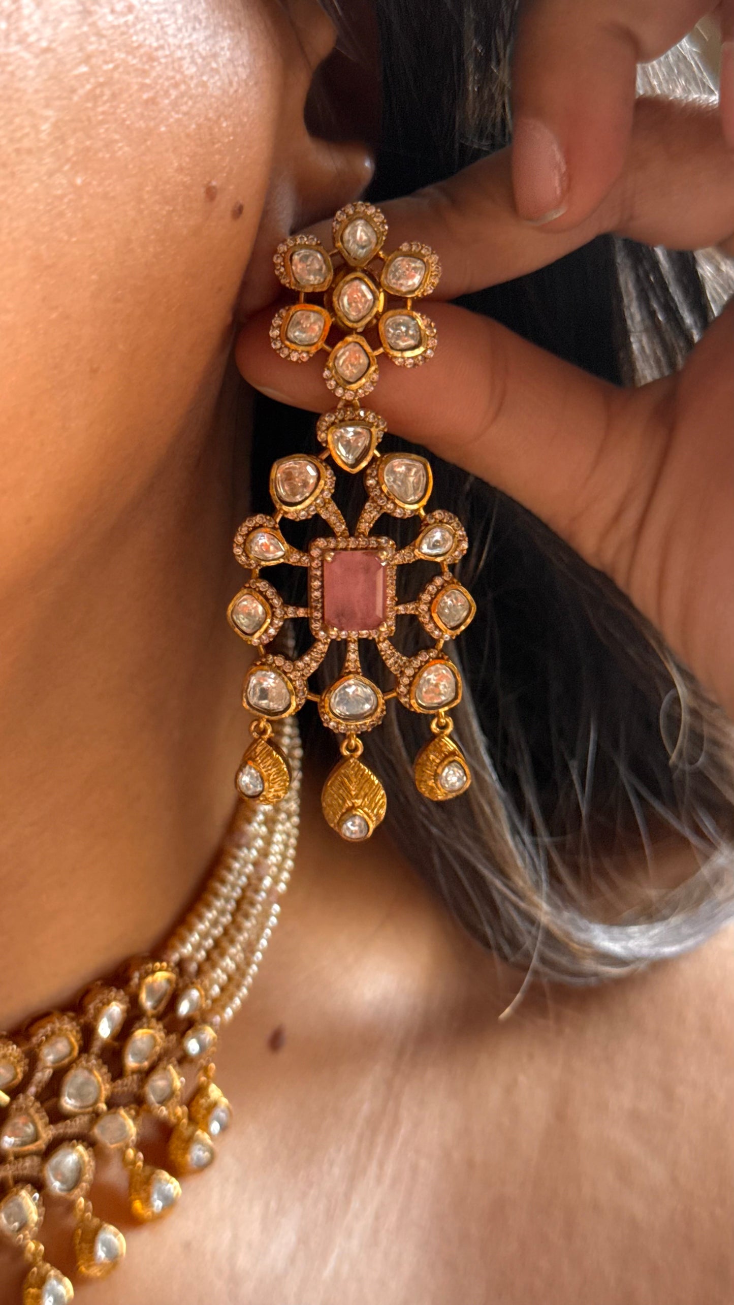 Rose quartz doublet with moissanite polki gold polish Necklace