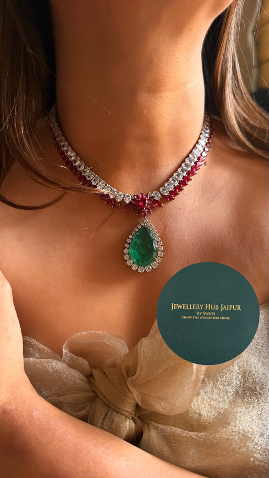 Emerald & Rani pink bridal Asia inspired minimalist necklace