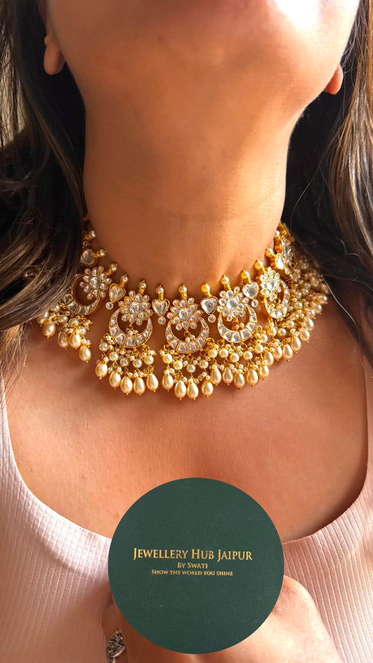 Paachi Kundan jadau half moon shape with tear drop choker necklace
