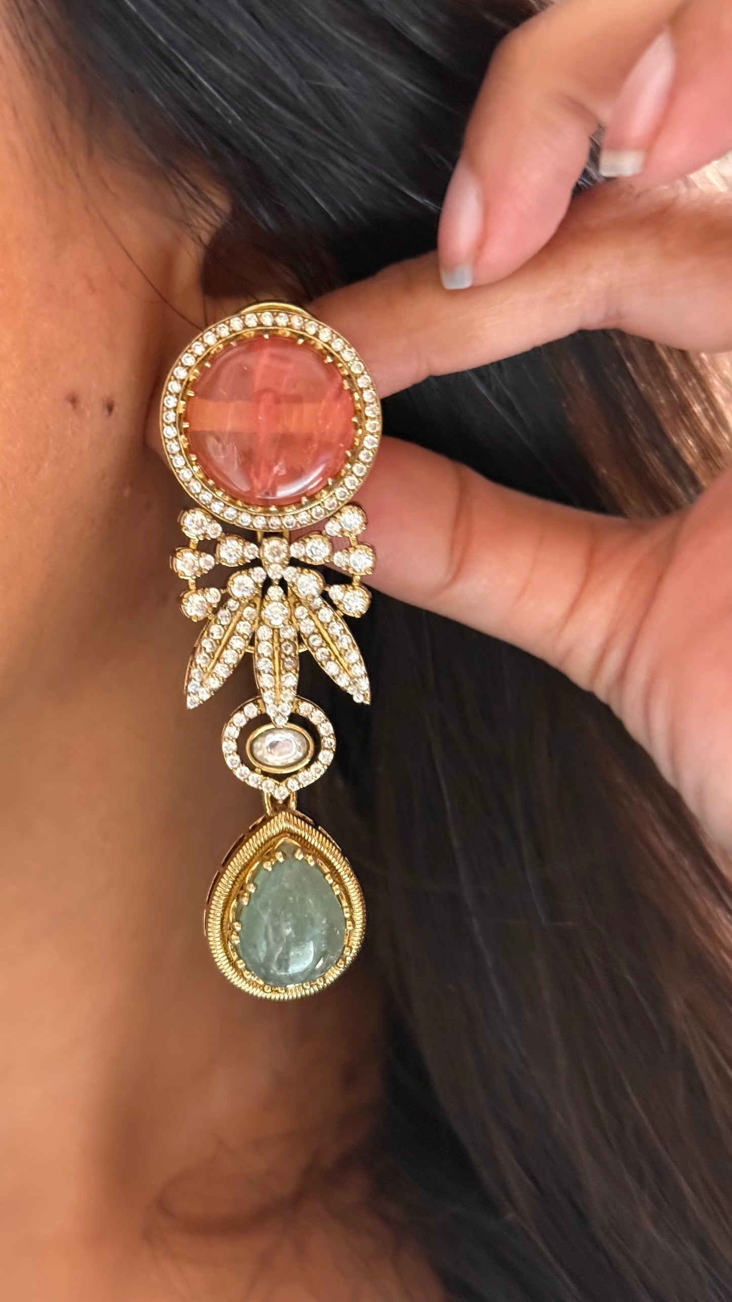 Mint & peach stone navratna earrings