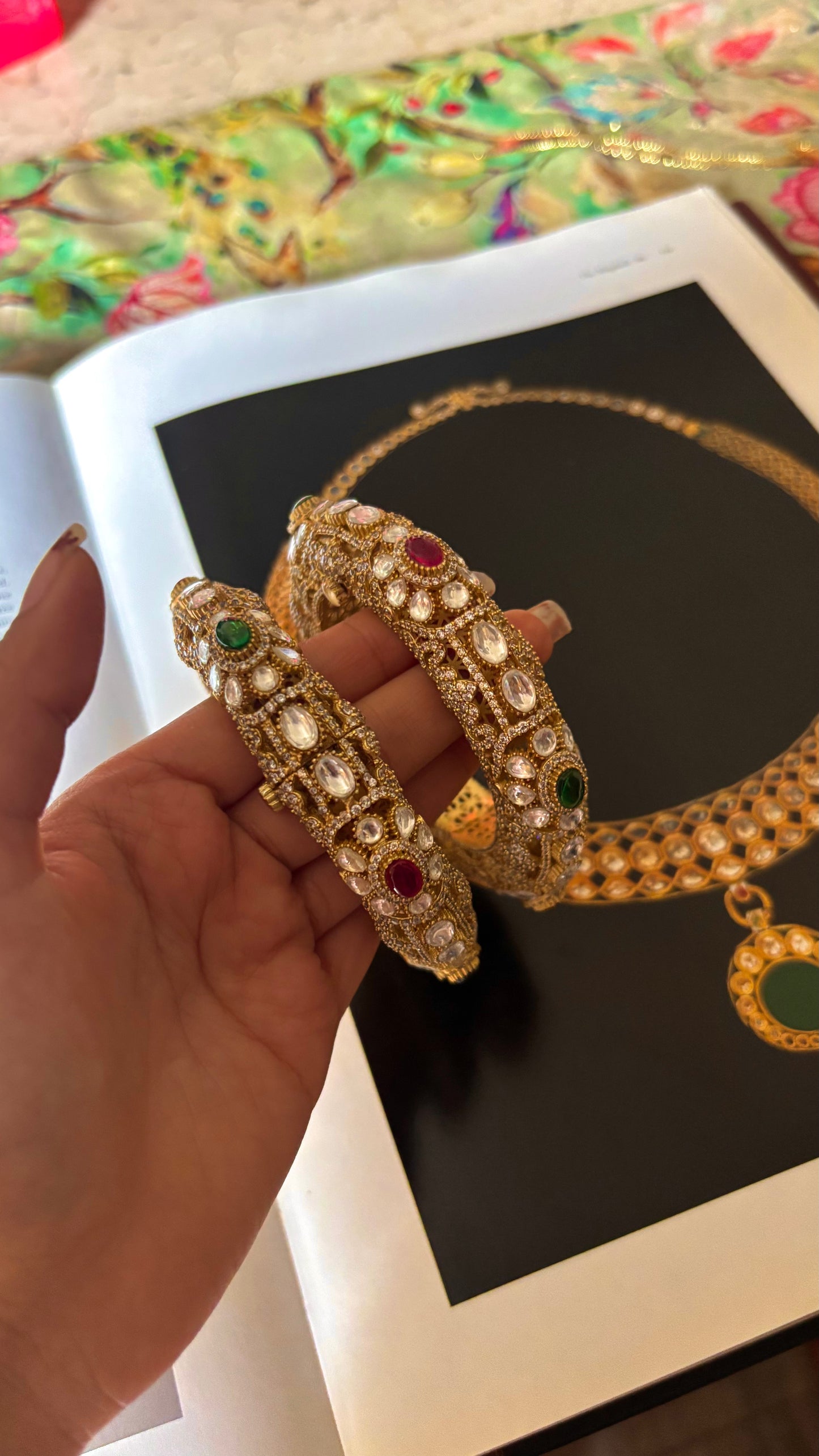 Ruby & emerald real Moissanite polki openable bangles