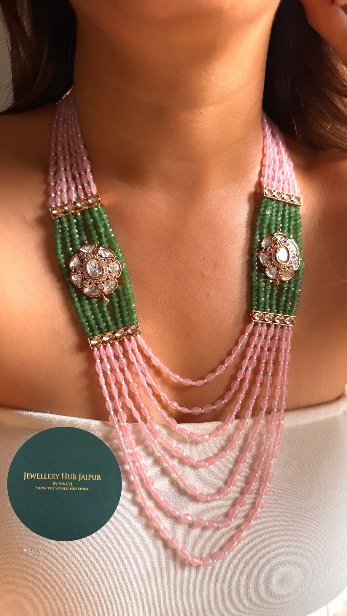 Rose quartz & emerald floral moissanite string