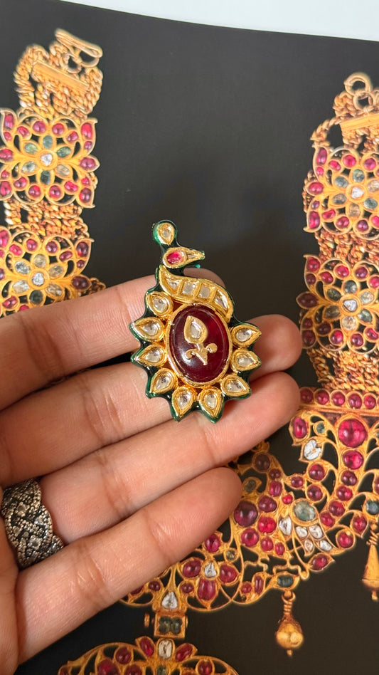 Ruby inlay with peacock design meenakari paachi adjustable ring