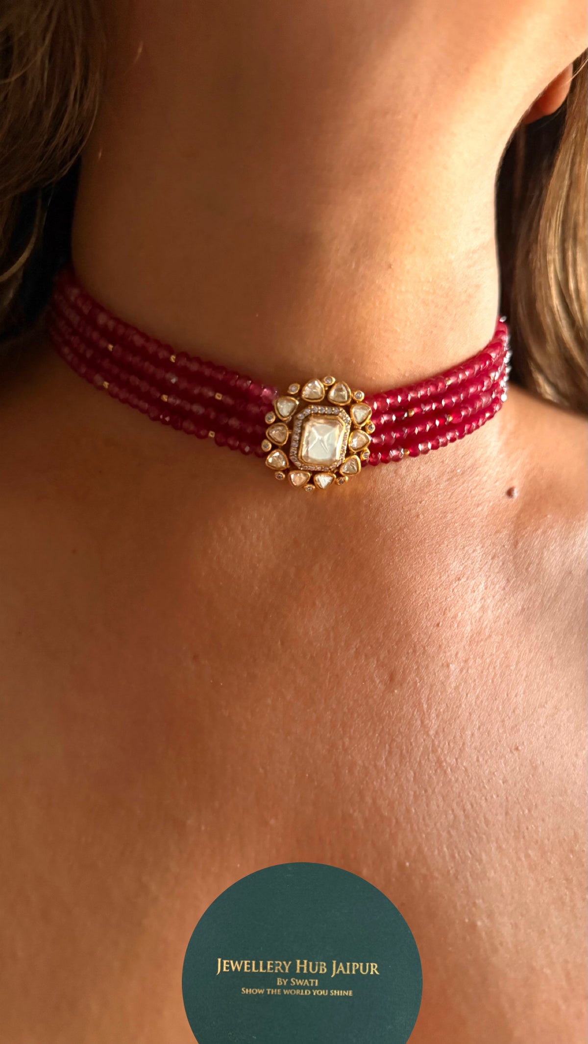 Lv peeli polki rani pink ruby pearl choker Necklace