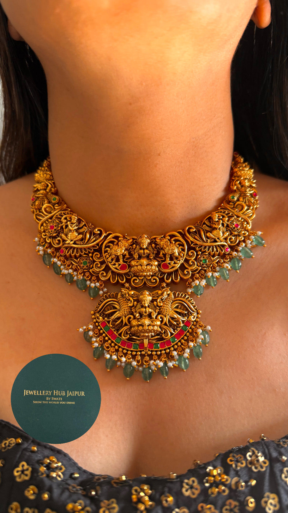Goddess Laxmi inspired paachi kundan temple necklace with mint drops