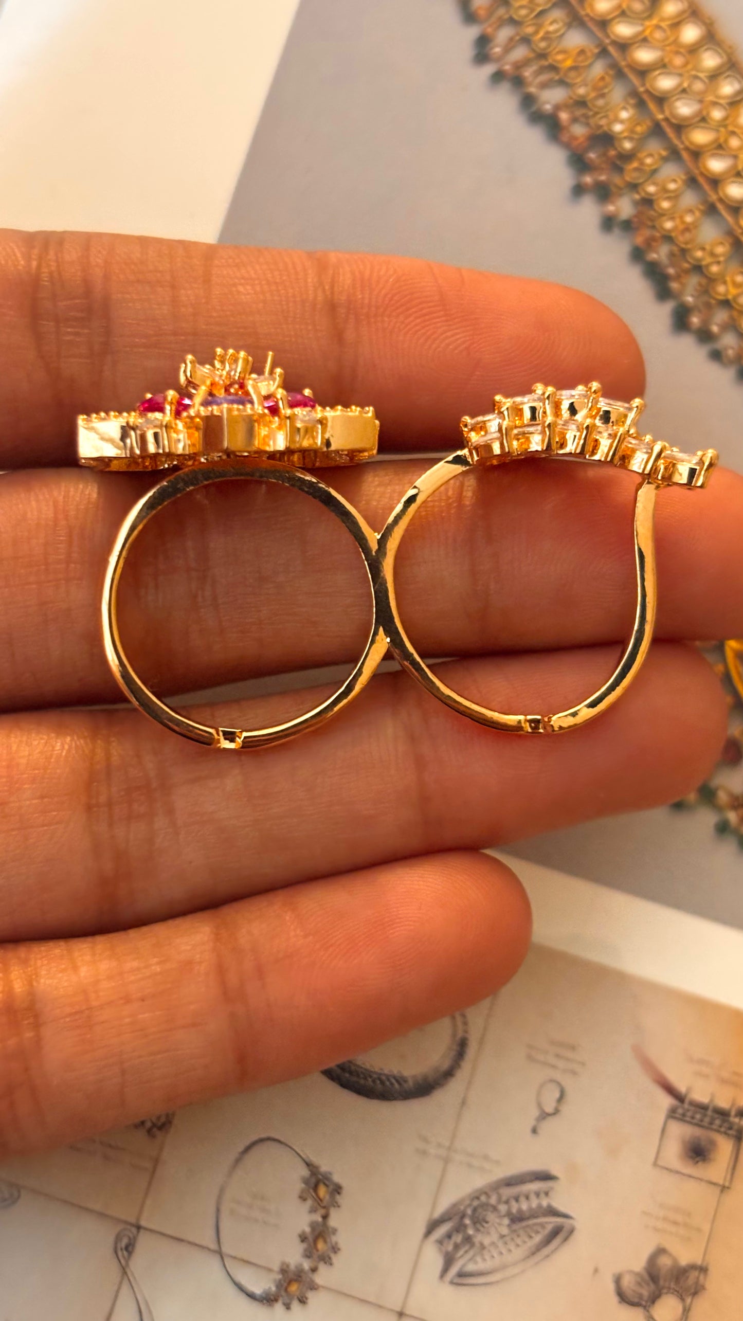 Ruby & tanzanite rose gold adjustable dual finger ring