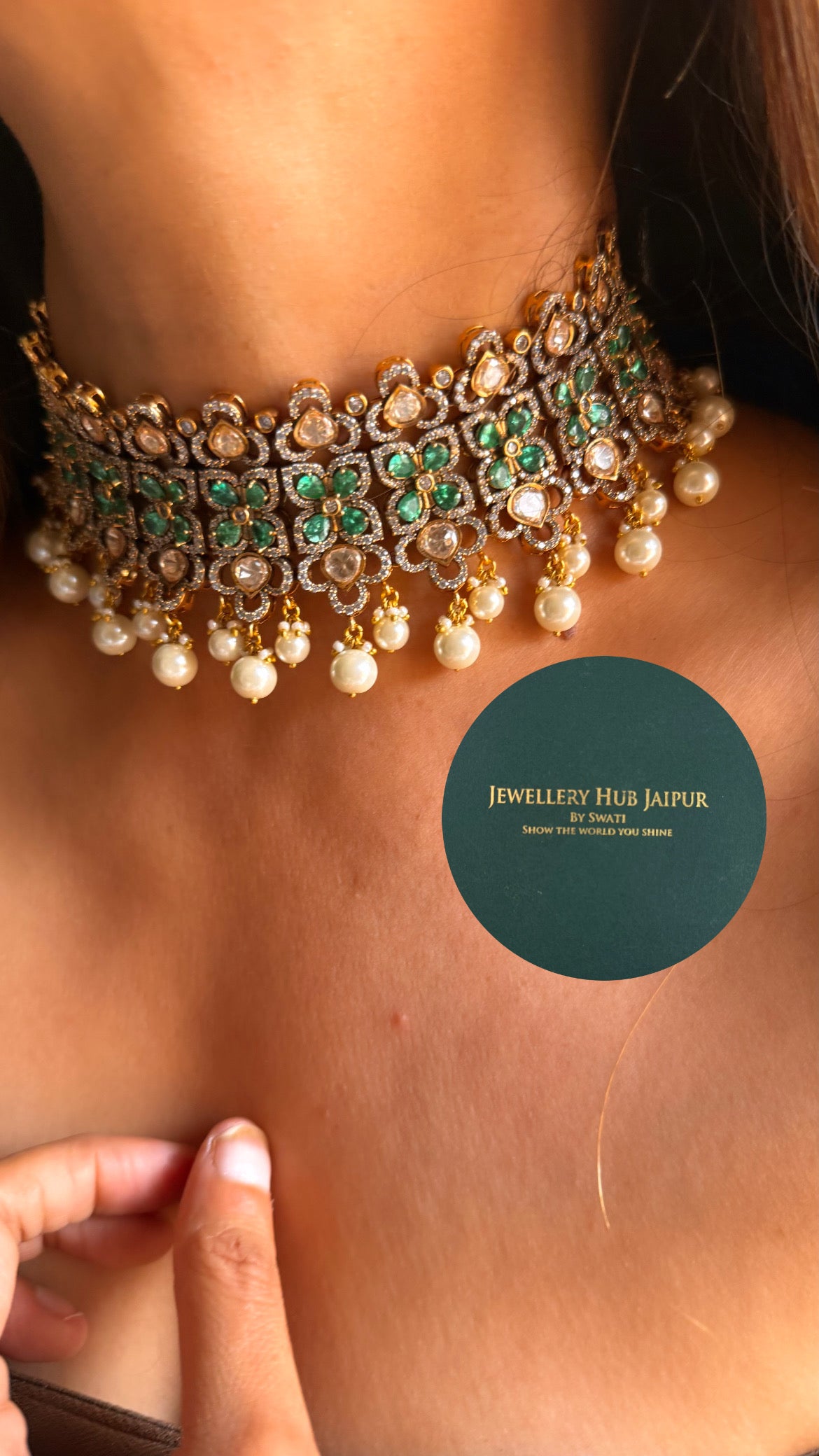 Real uncut moissanite polki & mint Swarovski with pearl drop choker set