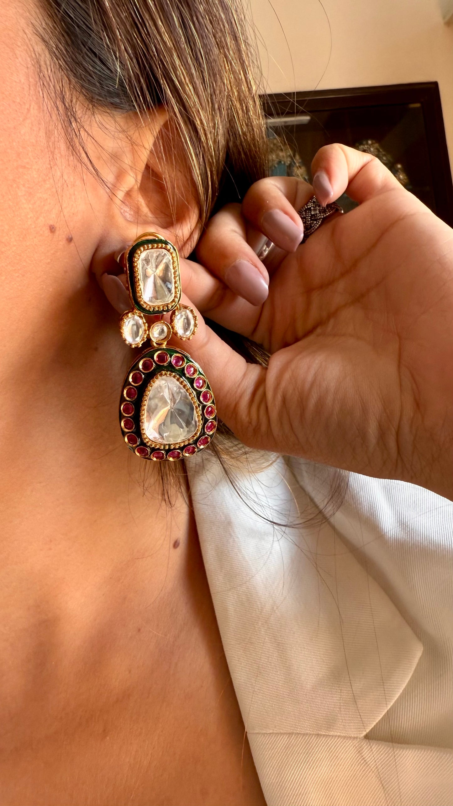 Emerald ruby meeenakari uncut polki earring